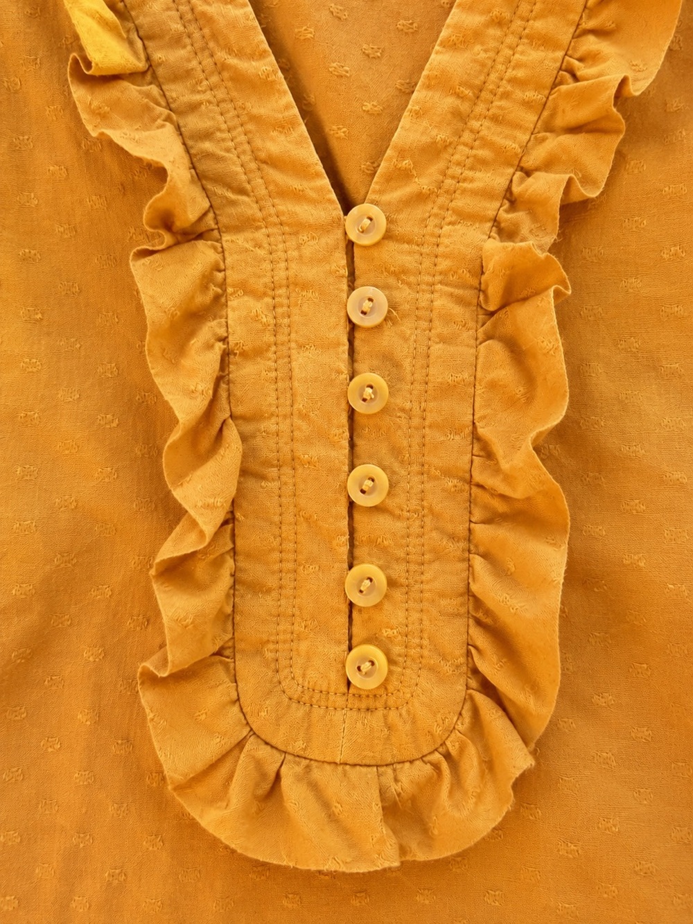 LOFT Petite Medium Mustard Yellow Ruffle V-Neck Blouse Short Sleeve PM - Picture 6 of 6
